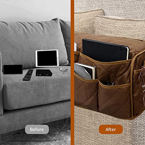 MEHIDFY Armchair Caddy, Waterproof Sofa Armrest Organizer, Non Slip Recliner Organizer, Remote Holder for Recline, Recliner Caddy with 14 Pockets Storage for TV Remote, Phone, Magazine (Brown) - color: Brown