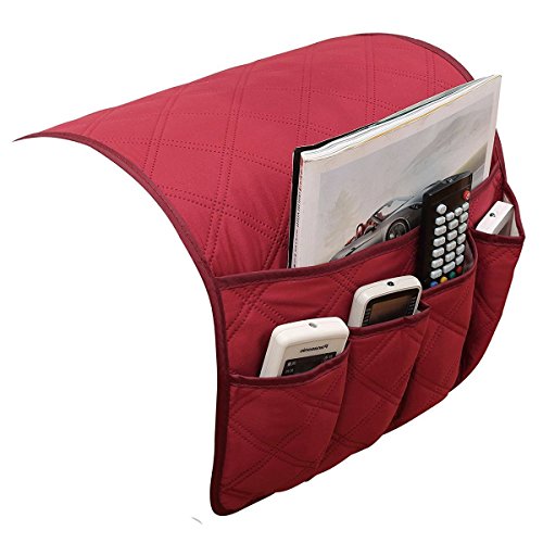 5 Pockets TV Remote Control Holder Couch Sofa Tray Armrest Organiser Oxford Chair Couch Caddy Sofa Armrest Bag Bedside Storage Hanging Organiser for Magazine Books Snack Mobile DVD Cellphone (red) - color: red