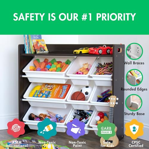 Humble Crew Toy Storage Organizer with 9 Removable Storage Bins for Kids Playroom, 3-Tier with Top Shelf Toddler Toy Organization and Storage, Espresso/White - color: Espresso/White