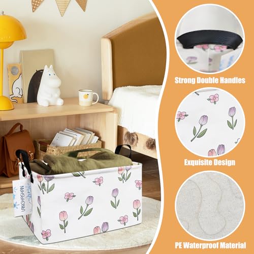LANGYASHAN Rectangular Storage Bin Collapse Canvas Fabric Cartoon Storage Basket with Handles for Organizing Home Kitchen Boys and Girls Toys Office Closet Shelf Baskets (Rec Romantic Tulip) - color: Rec Romantic Tulip
