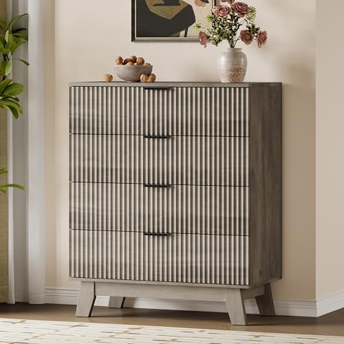 BORNOON 39" Tall Dresser for Bedroom, 4-Drawer Fluted Chest of Drawers, Modern Wood Highboy with Deep Storage, Metal Slides & Handles, Anti-Tip Kit, Vertical Clothes Organizer for Apartment, Nursery - color: Rustic Drift, size: Tall 4-Drawer