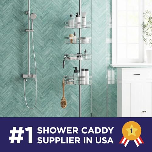 Zenna Home Tension Pole Shower Caddy Corner Organizer, Adjustable Standing Shower Caddy with 4 L-shaped Baskets and Hooks, Rust Resistant Bathroom Tension Rod Organizer, 60 to 97 Inch, Satin Nickel - color: Satin Nickel