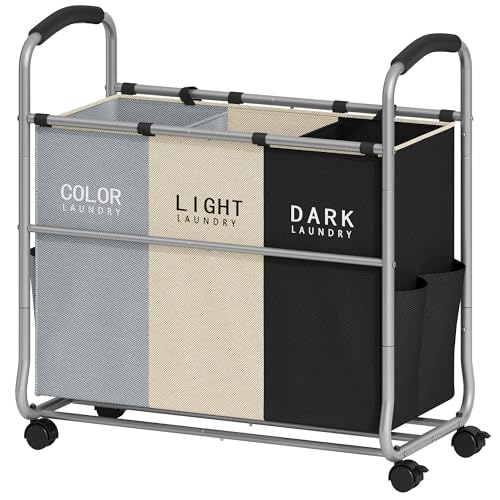 Tajsoon 3 section Laundry Hamper Sorter, Laundry Sorter Cart with Heavy Duty Lockable Wheels and Removable Bags, Laundry Separated Rolling Cart Basket for Clothes Storage, Grey+Beige+Black - color: 3 Colors, size: 3 Bag