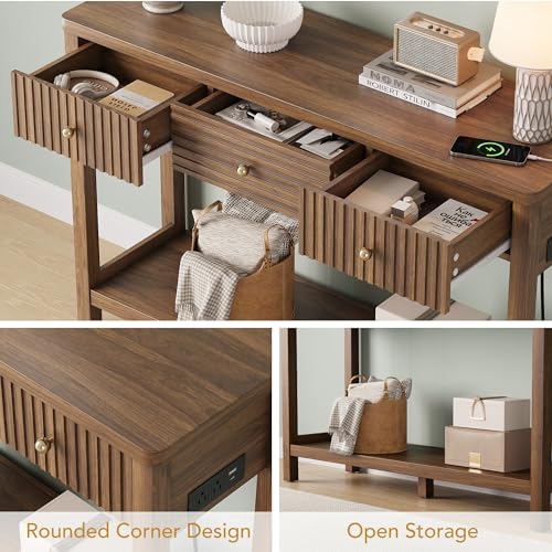 47 Inch Fluted Console Table with Outlets and USB-C Port, Mid Century Modern Sofa Table with 3 Drawers and Open Shelf, Entryway Table with Charging Station for Behind Couch, Hallway, Foyer, Walnut - color: Walnut
