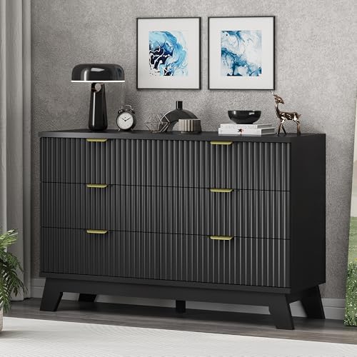 Xixini Fluted Dresser for Bedroom with 6 Drawers, 48" Wide Wooden Chest of Drawers with Metal Handle, Modern Dresser TV Stand, Wood Closet Clothes Storage Organizer for Living Room, Hallway, Black - color: Black, size: 15.6"D x 47.2"W x 30.5"H (6 Drawers)