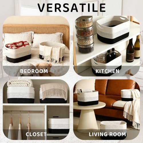 4 Pack Storage Baskets for Organizing, 12''Lx9''Wx8''H Woven Baskets for Storage Toys, Towels, Books, and Clothes, Cotton Rope Basket for Shelves with Handle (White & Black) - color: White & Black