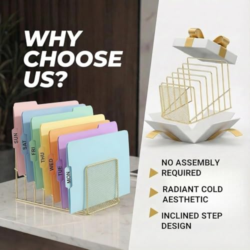 Simmer Stone Gold Desk Organizer 7 Slot Inclined Vertical File Folder Holder Sorter with Mesh Front Metal Wire Rack for Mail, Slim Binders, Books Office Organization Desktop Accessories - color: Gold