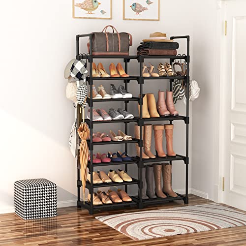ROJASOP Shoe Rack Organizer, 8-Tier Metal Shoe Rack for Closet Entryway Garage, 26-32 Pairs Tall Shoe Boot Storage Shelf with 15 Hooks, Stackable Large Shoe Stand - color: Black