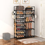 ROJASOP Shoe Rack Organizer, 8-Tier Metal Shoe Rack for Closet Entryway Garage, 26-32 Pairs Tall Shoe Boot Storage Shelf with 15 Hooks, Stackable Large Shoe Stand - color: Black