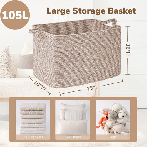 Goodpick 105L Large Woven Storage Basket, Rectangle Cotton Rope Basket for Blankets, Clothes, Oversized Toy Storage Organizer for Living Room, Nursery, 25"x16"x16", Brown - color: Brown, size: XX-Large(25"L x 16"W x 16"H)