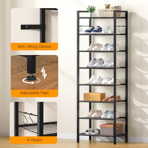 8 Tiers Narrow Shoe Rack 16-24 Pairs, Sturdy Metal Tall Shoe Rack with 4 Hooks, Slim Shoe Storage Organizer with Metal Shelf, Space Saving Vertical Shoe Shelf for Entryway, Closets, Black - color: Black
