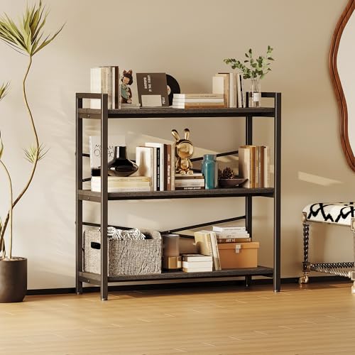 Book Shelf, 3 Tier Bookshelf 31.49" Width, Book Shelf Storage and Organization, Wooden and Metal Industrial Bookcase, Large Book Shelves for Home Living Room Bedroom Office Storage(Black) - color: Black, size: 3 Tier - 31.5" W