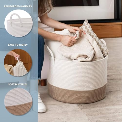 OrganiHaus Large Woven Storage Basket for Blankets and Toys 20" x 13" Inch, Rope Laundry Basket with Handles, Cushions & Pillows Storage Bin, Nursery Hamper, Soft Round Dog Toy Bin - Honey/Off-White - color: Honey / Off-White, size: Wide