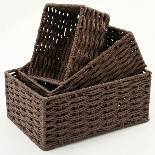 Small Wicker Basket for Organizing, Woven Storage Basket Set of 3 - Handwoven Natural Paper Rope Baskets to Declutter Any Room, Perfect for Organizing and Home Decor (Coffee) - color: Coffee