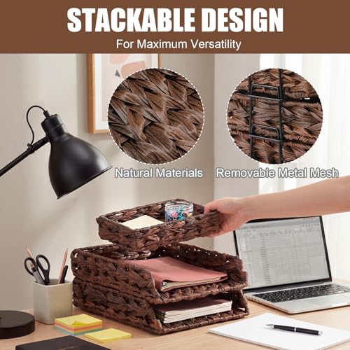 Geelin 3 Pack Water Hyacinth Woven Stackable Desk Organizer Letter Tray, Brown Tabletop Desk Basket for Storage Paper Letter Folders Notebooks Copy Print, Workspace Holder - color: Brown