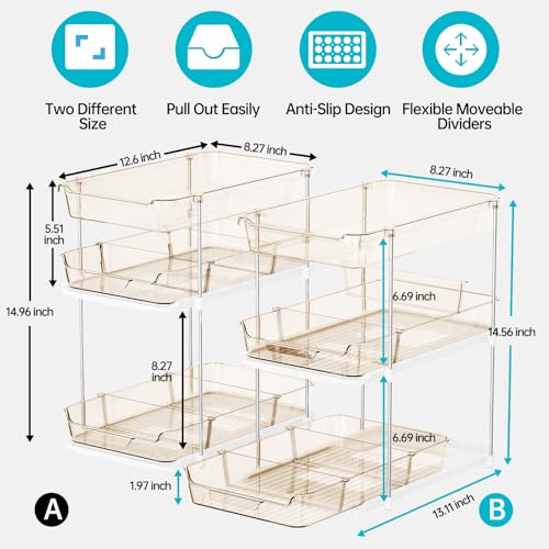 Delamu 2 Pack 3-Tier Bathroom Under Sink Organizers and Storage, Multi-Purpose Stackable Pantry Organization and Storage, Pull Out Clear Kitchen Bathroom Cabinet Organizer with Movable Dividers, Amber - color: Amber, size: 2 Pack 3-Tier