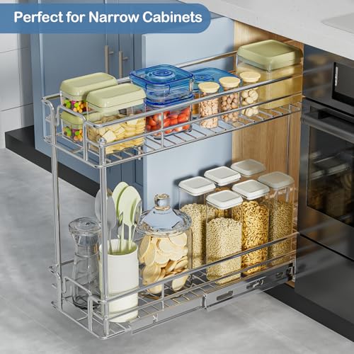ROOMTEC Pull Out Spice Rack for Narrow Cabinet (5½" W X 21" D),2 Tier Slide Out Cabinet Organizer and Pull Out Shelves Under Cabinet Storage for Kitchen, Chrome - size: 5½" W x 21" D, 2 Tier