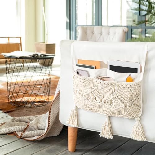 Mkono Macrame Couch Organizer Remote Control Caddy Sofa Armrest Armchair Bedside Storage Holder Bag for TV Remote, Magazine, Books, Cell Phone, iPad, Boho Living Room Home Dorm Decor, Beige, Large - color: Beige, size: Large