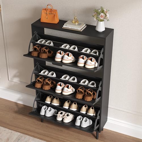 BORNOON Shoe Cabinet for Entryway with 3 Flip Drawers, Slim Wooden Shoe Storage Organizer with Modern Fluted Pannel，Freestanding Narrow Hidden Shoe Rack for Hallway, Foyer, Living Room - color: Black, size: 3 Flip Drawers