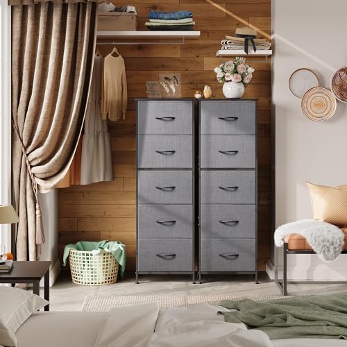 WLIVE Fabric Dresser, 5-Drawer Tall Dressers for Bedroom, Storage Dresser Organizer with Fabric Bins, Wood Top, Sturdy Steel Frame, Chest of Drawers for Closet, Hallway, Dark Grey - color: Dark Grey