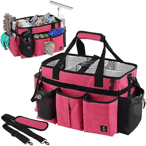Large Cleaning Caddy Bag Built-in Sturdy Support Board, Cleaning Organizer with Detachable Divider, Cleaning Supply Tote with Adjustable Shoulder Strap&Waist Belt for Cleaners & Housekeeper - color: Rose Red
