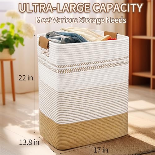 DOFASAYI Laundry Hamper - 85L Large Laundry Basket with Leather Handles, Decorative Storage Basket for Blankets - Clothes Hamper for Living Room, Bedroom, Jute & White - color: Jute & White, size: 85L