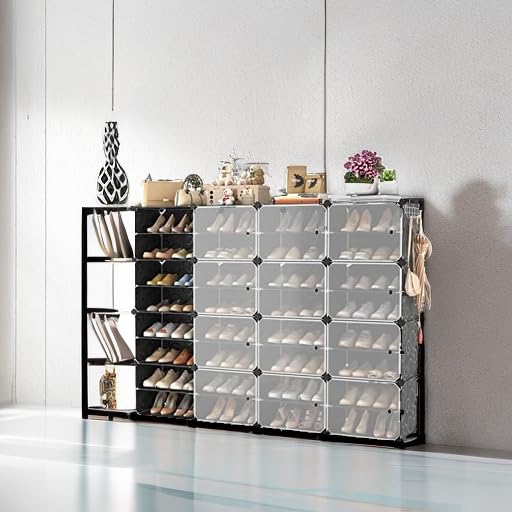 Portable Shoe Rack with Door, 64 Pairs Cabinet Easy Assembly, Plastic Adjustable Shoe Storage Organizer Stackable Detachable Free Standing DIY Expandable 8 Tier Black - color: Black, size: 64" Wide-64 Pairs