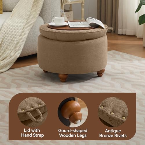 WUTUTUEE 24Inch Round Storage Ottoman with Tray, Modern Tufted Fabric Circle Coffee Table with Storage, Upholstered Ottoman with Removable Top for Living Room, Bedroom, Brown - color: Brown, size: 24 Inch