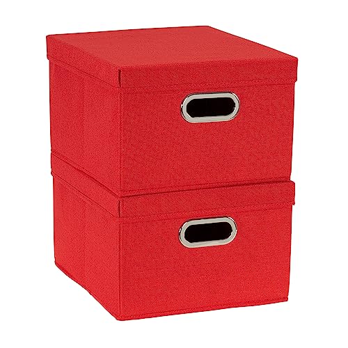 Household Essentials Storage Bins with Lids and Chromed Grommet Handles, Set of 2, Textured Linen Look, Red (Pack of 2) - color: Red, size: 2 Count (Pack of 2)