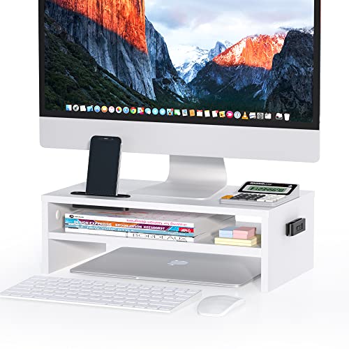 BONTEC Wooden Monitor Stand Riser, 2-Tier Desk Shelf with Storage Organizer, Ergonomic Computer Stand with Cable Management, Cellphone Holder, White, 16.5 Inch - color: White, size: 16.5 inch