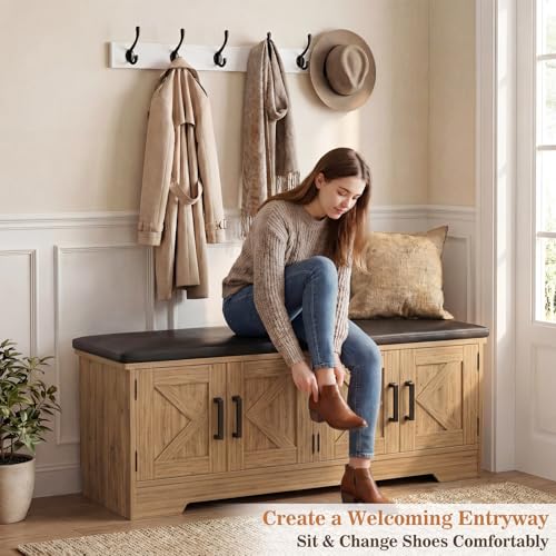 Farmhouse Shoe Storage Bench with Cushion - 43.3" Entryway Bench with Storage & 4 Barn Doors, 2-Tier Wooden Shoe Rack Bench, Shoe Cabinet & Mudroom Bench for Bedroom Hallway Living Room, Brown Oak - color: Greige