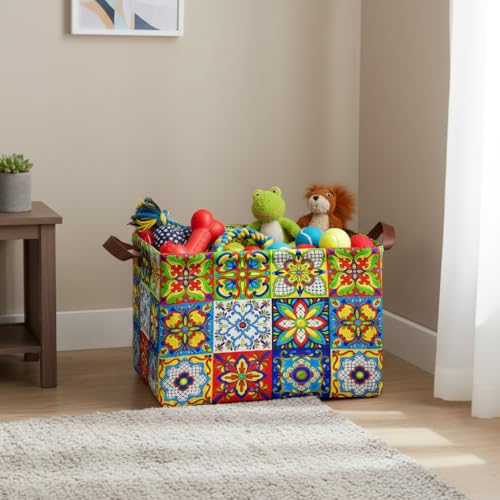 Mexican Talavera Decoration Storage Basket Waterproof Canvas Toy Storage Bin Collapsible Outdoor Basket with Leather Handles Mexican Talavera Decor Blanket Baskets For Closets,Bedrooms,Gifts Baskets - color: Mexican Talavera Decoration