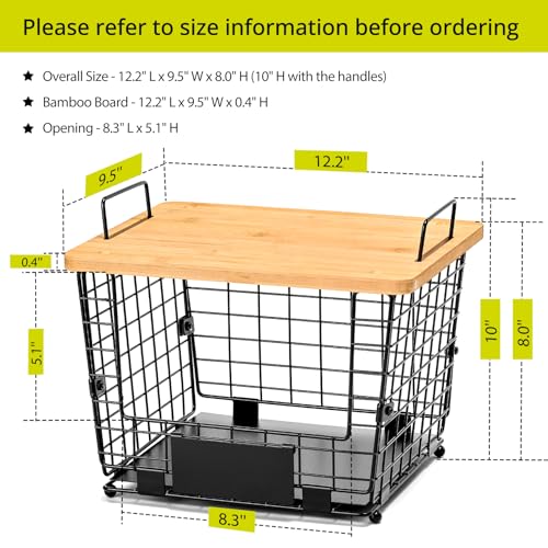 2 Set Large Stackable Wire Basket with Bamboo Tops & Tag- Pantry Organizer and Storage Bins, Kitchen Counter Cabinet Shelf Countertop Under Sink Organizing for Food Snack Produce Onion Potato Bread - size: L
