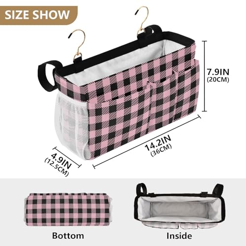 Buffalo Plaid Check Pink Print Bedside Caddy Storage Bag Bedside Organizer for Bunk Bed Headboards College Organizer Caddy Hanging Shelf 6 Pockets with Hooks for Drinks Magazine Phone Holder - color: Buffalo Plaid Check Pink