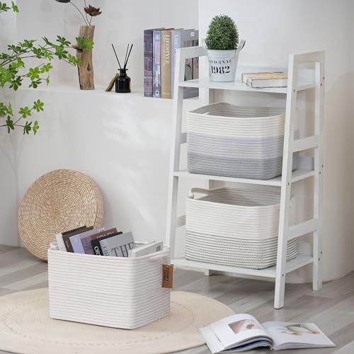 COMFY-HOMI Cotton Rope Woven Basket with Handles for Shelves,Toys,Book, Cloth Storage Baskets Bin for Organizing-13.5"x11"x9.5" Toy Decorative Organizer for Living Room, Bathroom-All White - color: All White, size: 13.5"X11"X9.5"