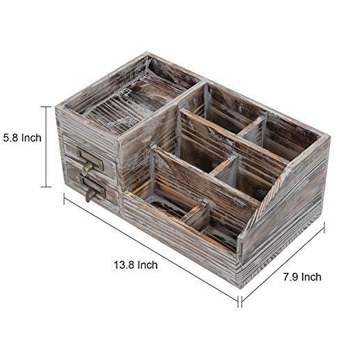 Liry Products Rustic Torched Wooden Desktop Organizer Dark Brown Tabletop Storage Cabinet Stepped Rack Multiple Compartments 2 Tier Drawers Makeup Accessory Sorter Display Box Home Office Supplies - color: Rustic Brown