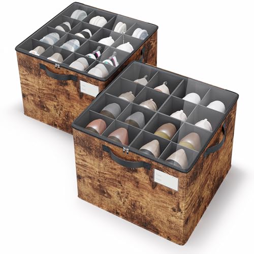 Varhomax Shoe Organizer Box for Closet 2 Pack, Fabric Shoe Storage Bin with Adjustable Dividers & Clear Cover, Holds up 16-32 Pairs of Sneakers & Sandals for Entryway, Cubby (Rust Brown) - color: Rust Brown-2 Pack