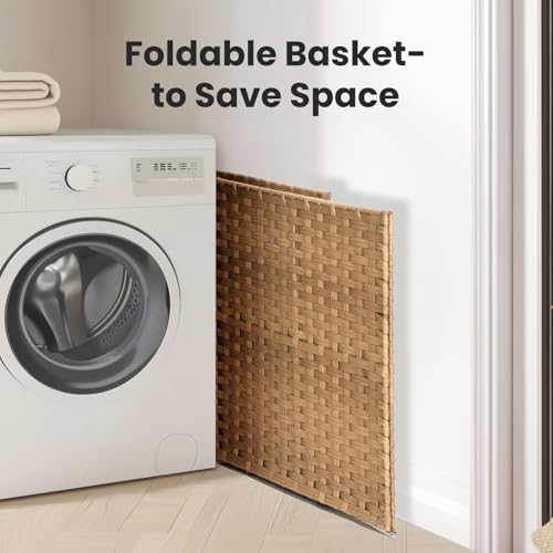 110L Laundry Hamper with Lid, Hand-Woven Pp Rattan Laundry Basket with Compartments & Handles, Removable Liner Bags,Foldable, Narrow Dirty Clothes Basket, Yellow - color: 110L-Yellow