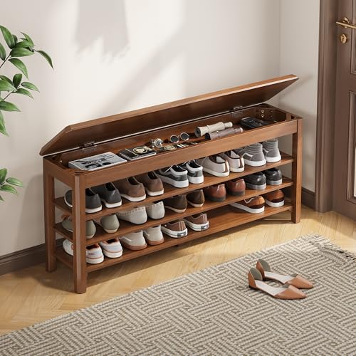 IUNVR Shoe Rack Bench Seat Rubberwood 3-Tier Wooden Storage Bench 550lbs Compact Mid-Century Modern Design for Entryway, Hallway, Closet, Front Door Entrance, Foyer - color: Walnut-3 Tier(wood), size: 47.2"W x 11.8"D x 20.5"H