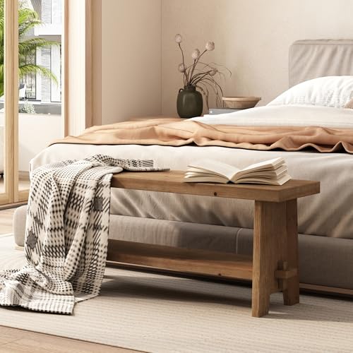 HOKYHOKY Solid Wood Entryway Bench - 43.3" Farmhouse Long Storage Bench, Rustic Narrow Bench Seat for Indoor, Entryway, Dining Room, Living Room and Hallway, Brown - size: 43.3"