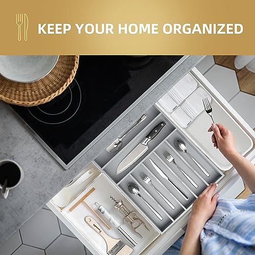 Besilord Silverware Organizer 13 Inch Gray Bamboo Kitchen Drawer Organizer 7 Slots Utensil Organizer Silverware Holder Cutlery Organizer Flatware Tray (Large) - color: Gray, size: 7 Slots