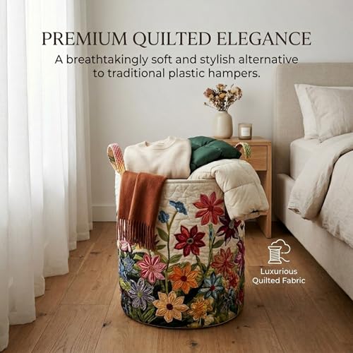 Quilted Laundry Baskets, Large Floral Boho Fabric Storage Hamper with Handles, Collapsible Soft Clothes Organizer Tote for Nursery House Styling, Portable Bedroom Washing Container - color: #11, size: M(41*33*13cm)