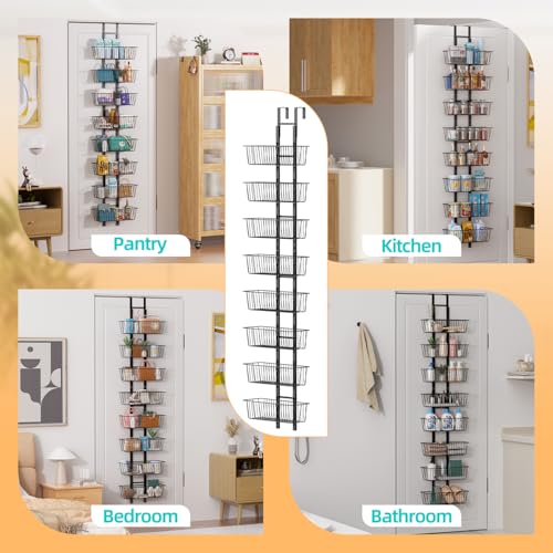 8-Tier Over the Door Organizer with Baskets - Metal Spice Rack Hanging Storage Rack for Pantry, Kitchen, Spices & Laundry, Adjustable Shelves, Heavy Duty Hanging Storage Organizer Door Mount, Black - color: Black, size: 8-Tier