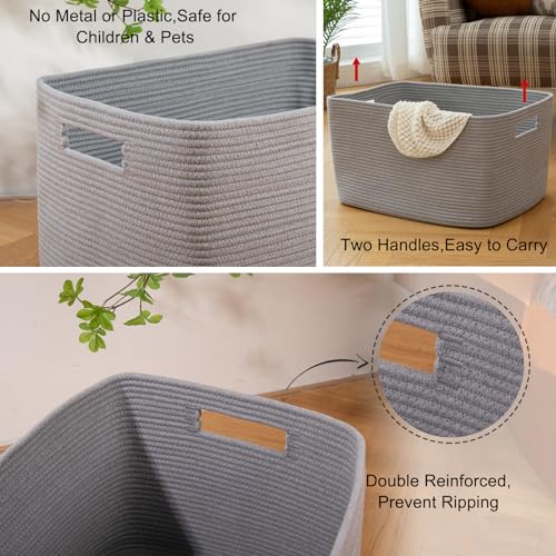 OIAHOMY XXLarge Rectangle Blanket Basket-96L, Cotton Woven Basket for Storage, Dirty Clothes Basket for Living Room, Nursery, Bedroom, Toy Organizing with Handle, 24" x 16" x 15", Grey - color: Grey, size: 24”x16”x15”