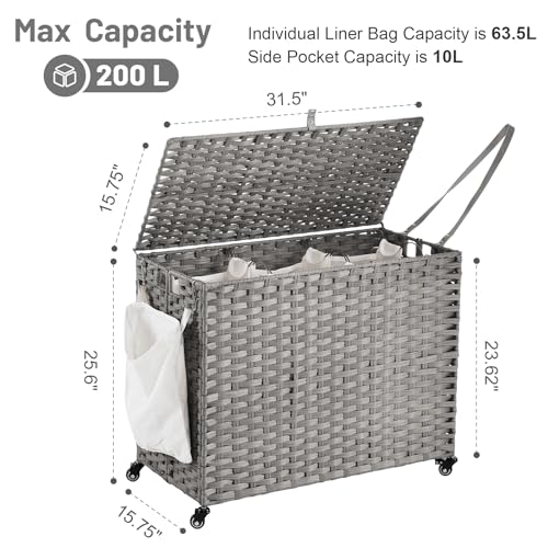 Laundry Hamper with Wheels, 52.8 Gallon(200L) Rolling Laundry Basket with Lid, 3-Section Rattan Clothes Hamper with 3 Removable Liner & 3 Mesh Bags, Laundry Sorter with Side Pocket, Grey - color: Grey, size: 200L（31.5 x 15.75 x 25.6 Inches）