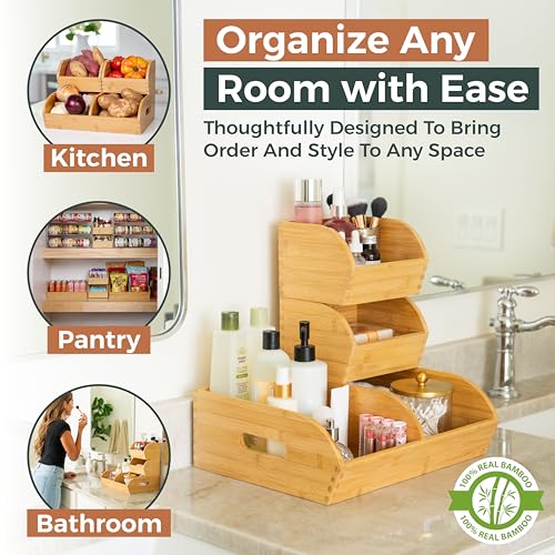 Potato and Onion Storage Bin for Pantry and Kitchen Counter - Ventilated Stackable Bamboo Organizer Baskets with Handles - Multipurpose Organization Containers for Fruit, Vegetable, Pantry - 3 Pack