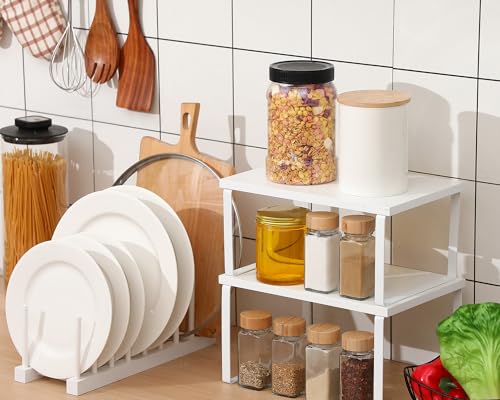 Marsui 4 Pcs Kitchen Organizer Accessories Set Cabinet Organizer Shelf and Bamboo Dish Drying Plate Rack Counter Shelves Storage Holder for Spice Rack, Dish, Pot Lid, Bowl, Cup (White) - color: White