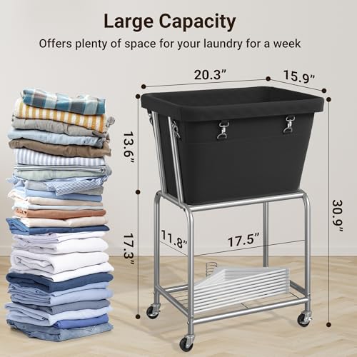 ELYKEN Rolling Laundry Hamper with Wheels, Laundry Cart with Removable Bag, Heavy Duty Metal Frame, 2-Tier Clothes Basket Hamper with Shelf for Closet, Bedroom, Bathroom, Laundry Room, Black - color: Black, size: 20.3"l X 15.9"w X 30.9"h
