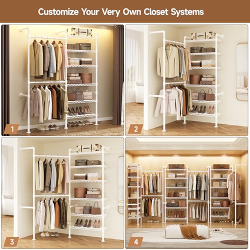 Wall Mounted Garment Rack, Walk-in Closet System with Expandable Rods, Adjustable Shelves, Industrial Pipe Clothing Racks, Hanging Clothes Organizers and Storage, Metal Closet Shelving Wardrobe - color: White