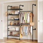 Closet Organizers and Storage, 2-Row Heavy Duty Garment Rack Clothes Rack for Hanging Clothes, Wall Mounted Closet System with 2 Telescopic Rods, 3 Hooks, 6 Shelves for Wardrobe, Bedroom, Small Space - style: 2-Row